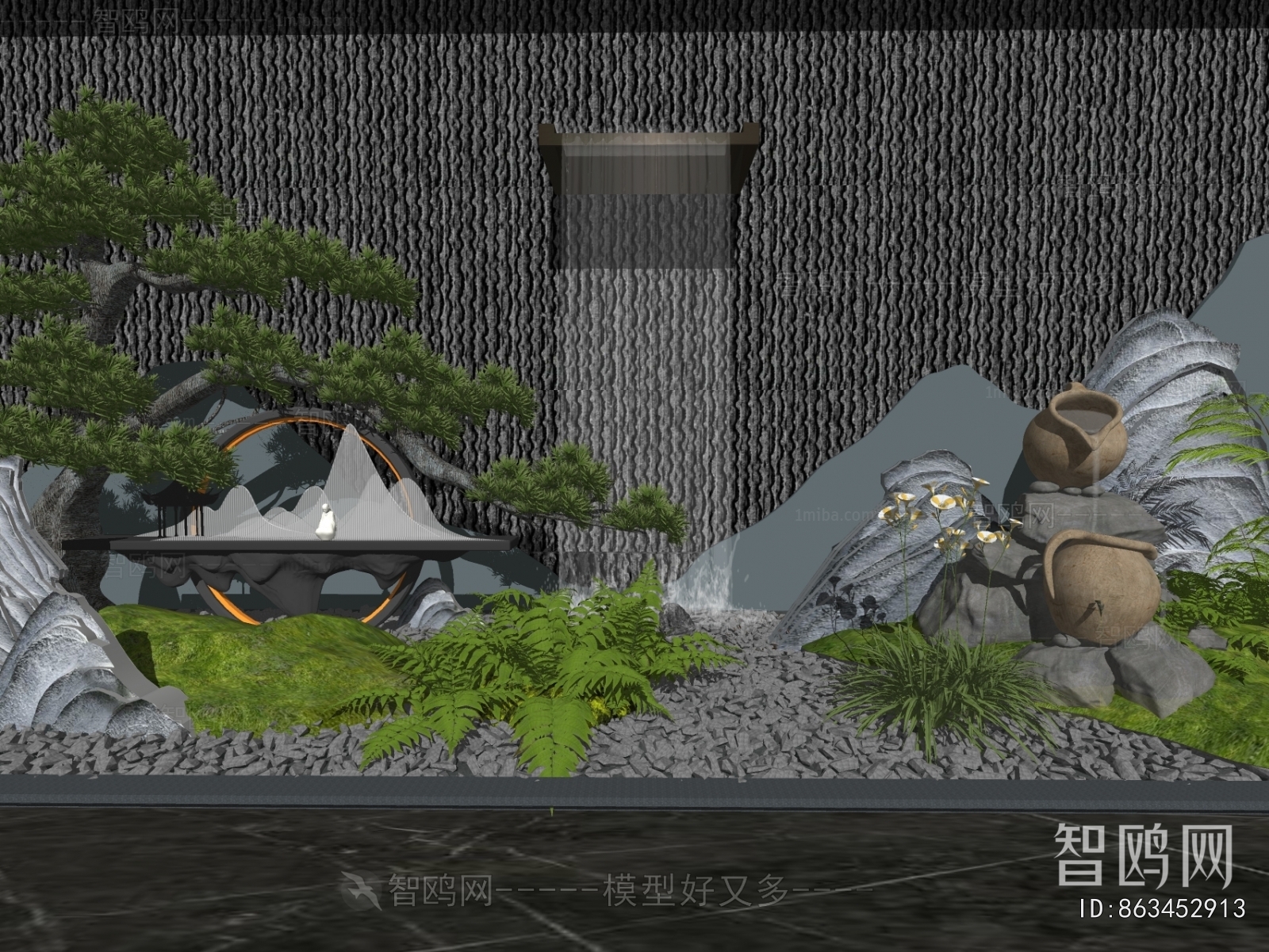 新中式水景墙假山小品3D模型下载
