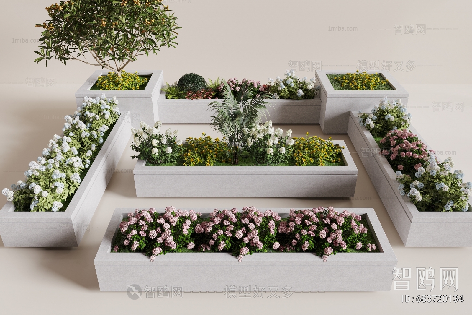 现代花池 花坛 绿植花卉3D模型下载