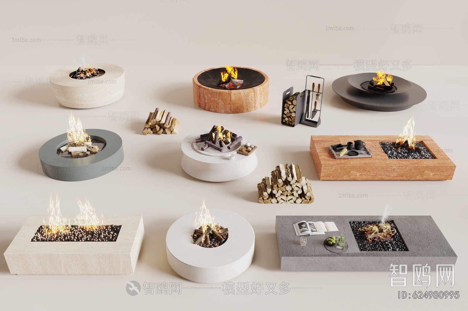 现代篝火 火炉 木材堆3D模型下载