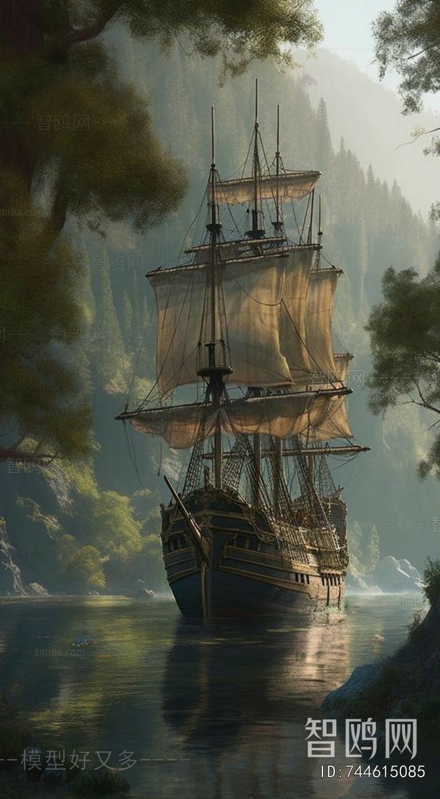 欧式帆船风景油画