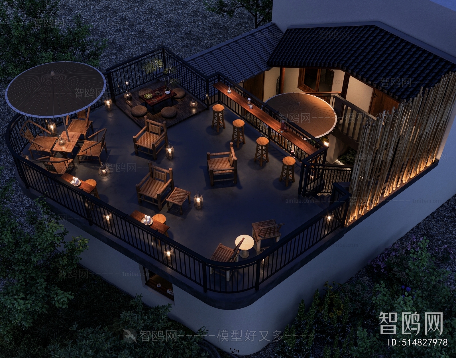 多场景-新中式咖啡厅庭院夜景