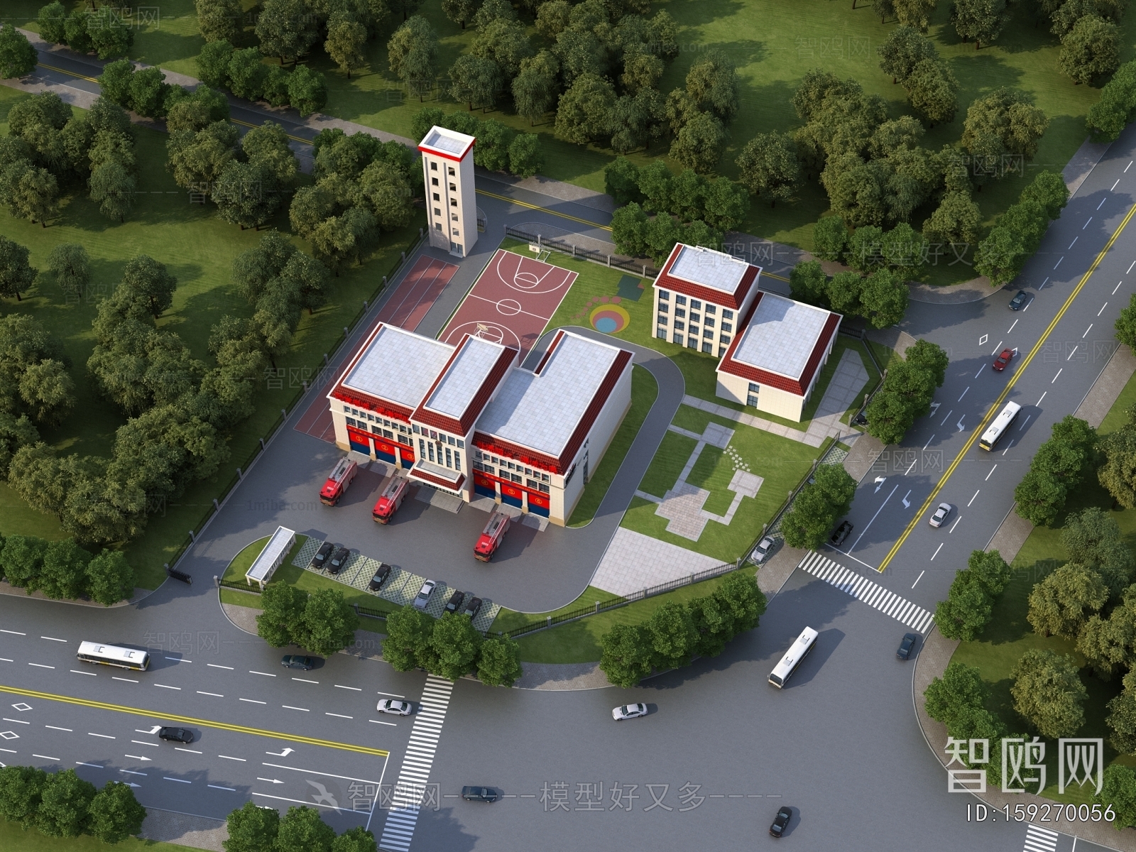 现代消防站鸟瞰规划