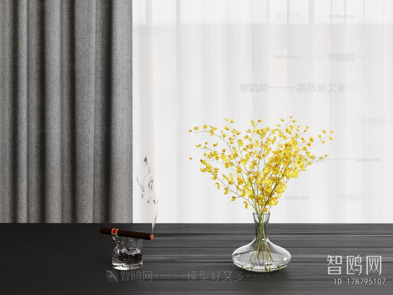 现代玻璃花瓶花艺 窗帘