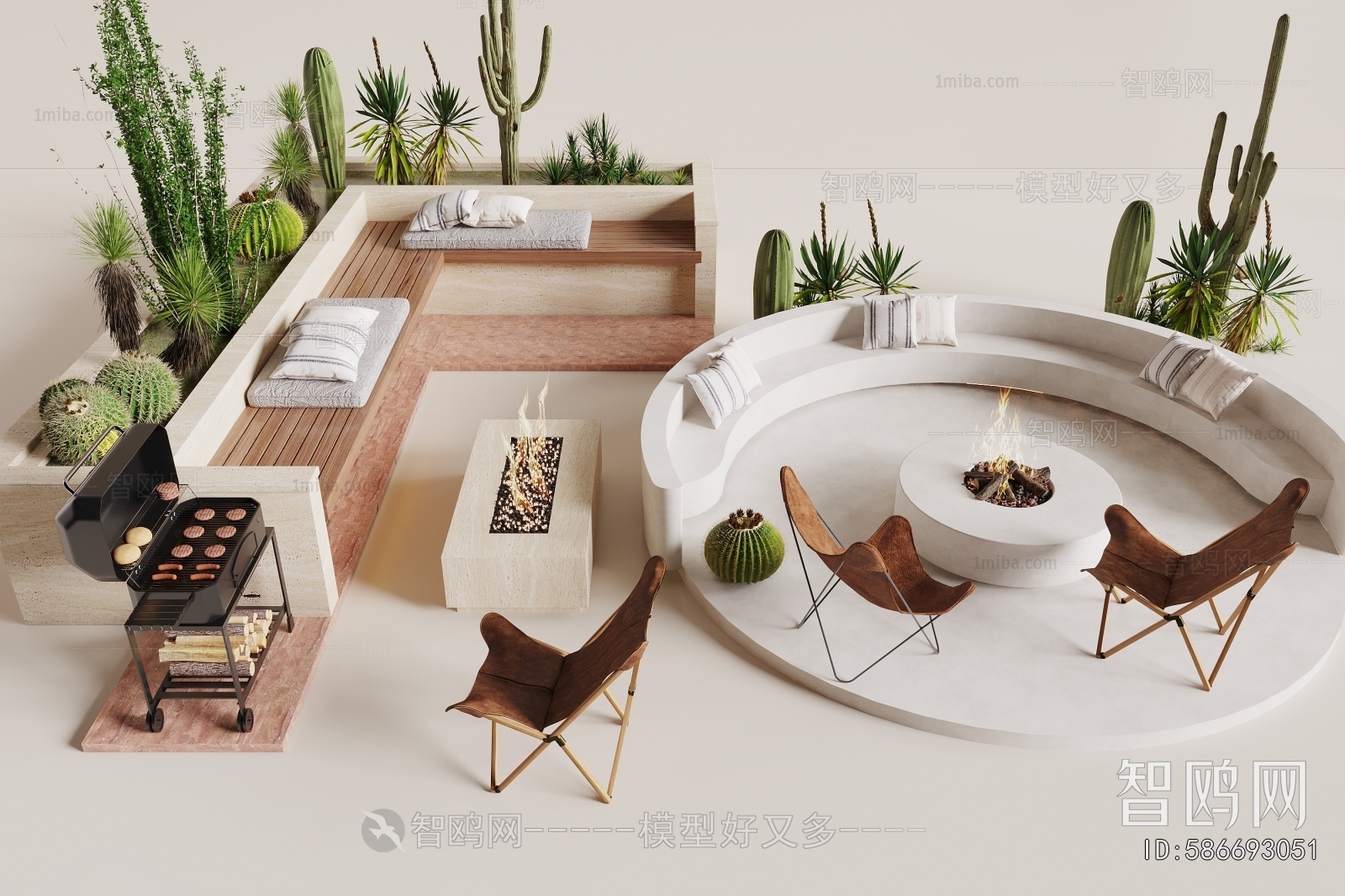 现代户外沙发卡座 绿植3D模型下载