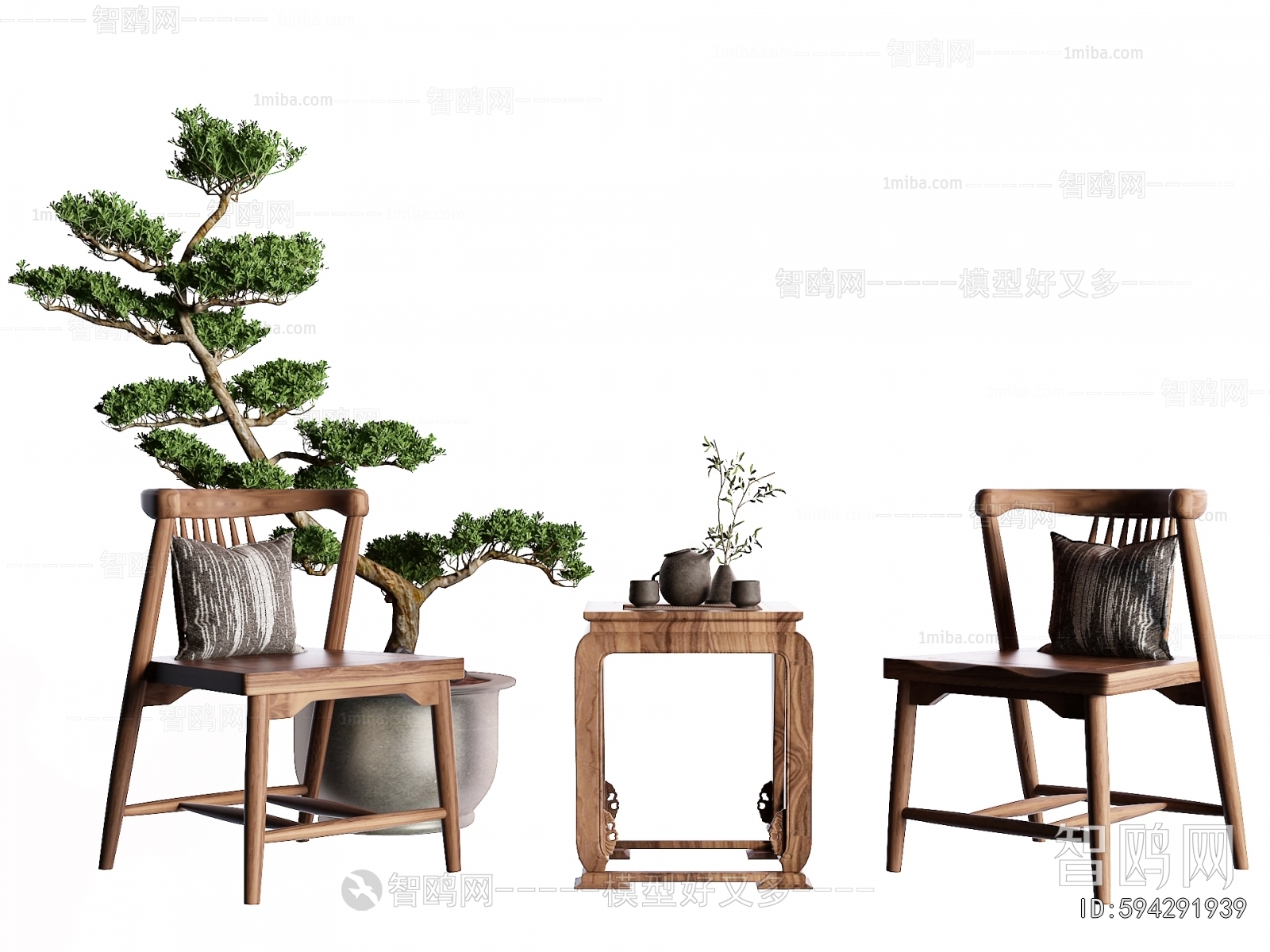新中式休闲椅 茶几 盆栽