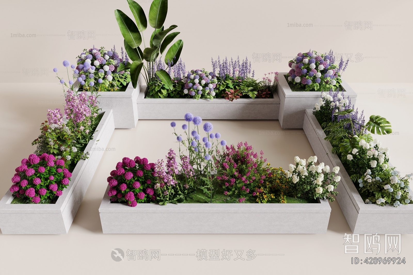 现代花池 花坛 绿植花卉3D模型下载