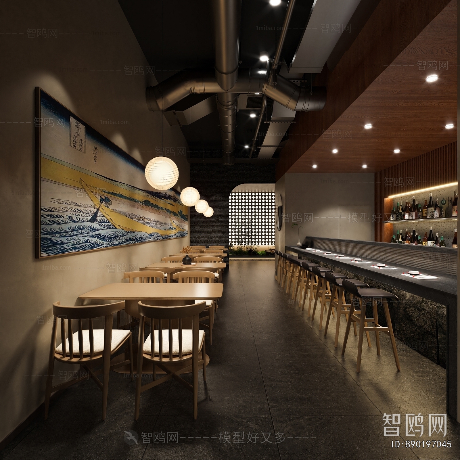 现代日料店餐厅3D模型下载
