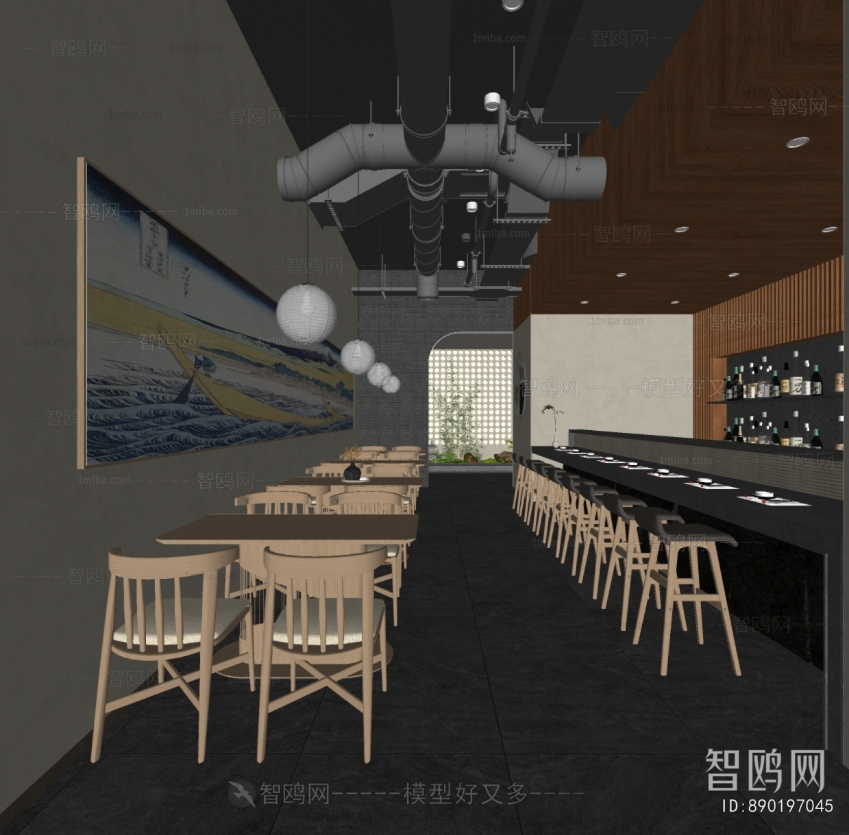 现代日料店餐厅3D模型下载