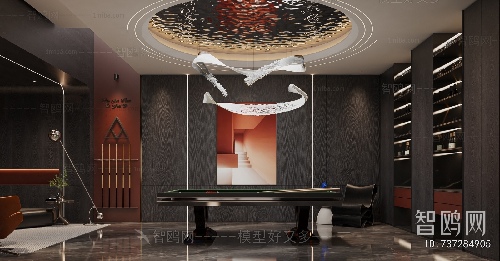 多场景-现代意式客厅+台球室3D模型下载