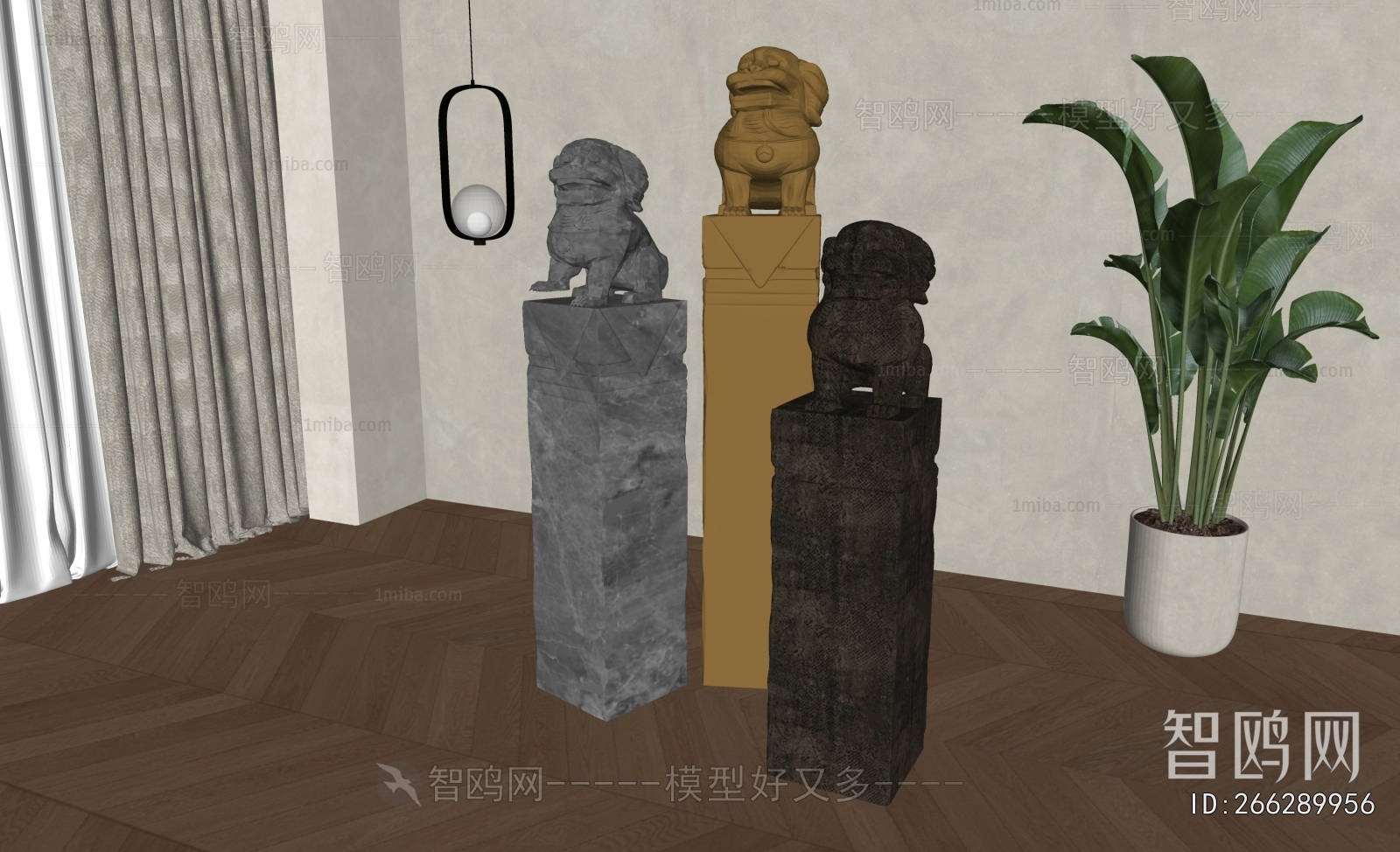 新中式狮子雕塑摆件组合