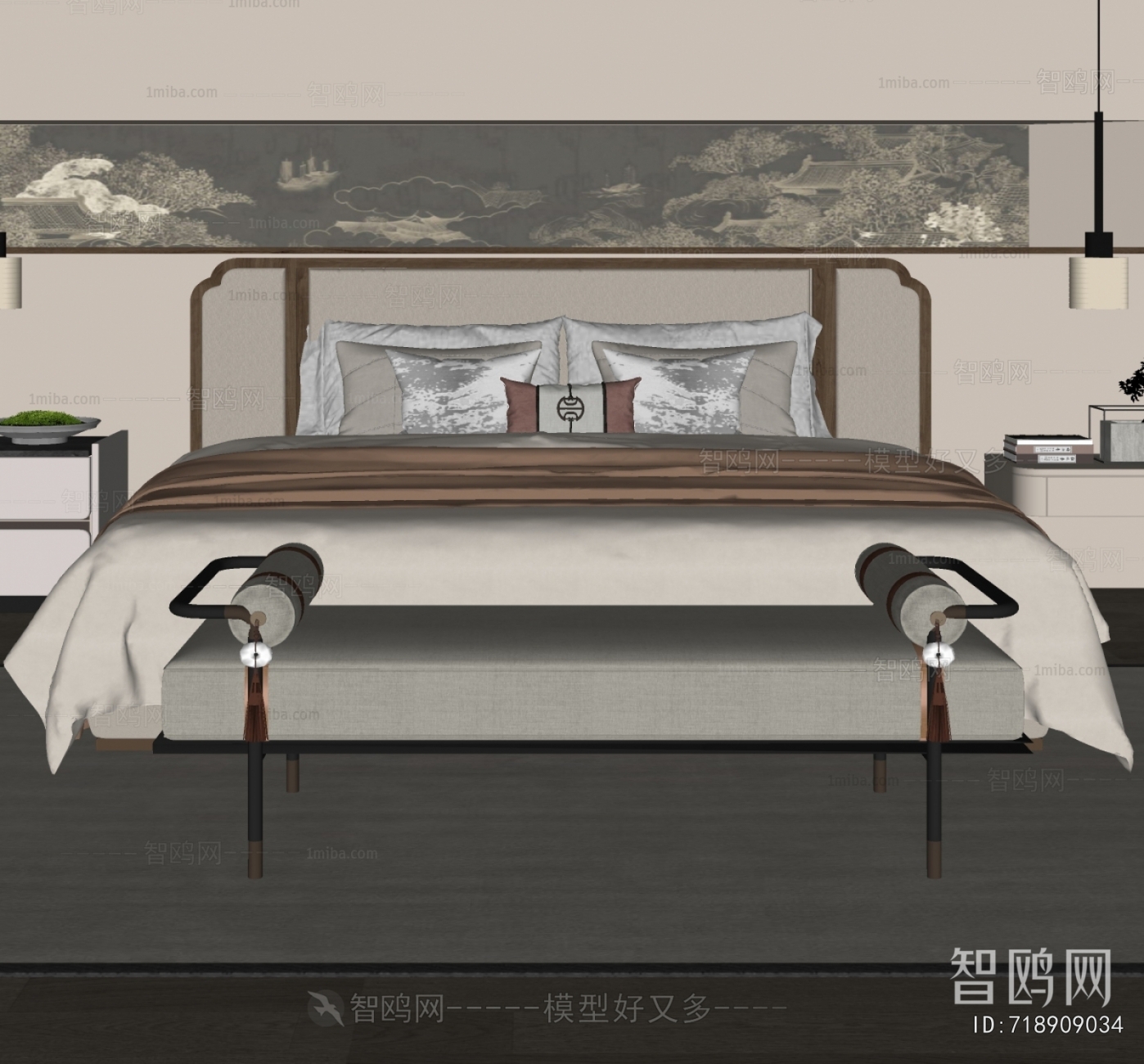 新中式布艺双人床