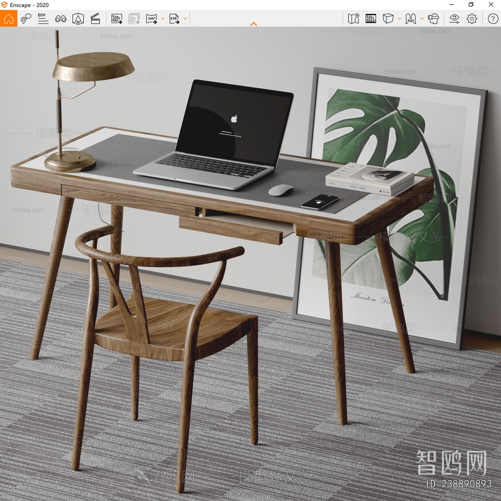 NATUZZI现代实木书桌椅3D模型下载