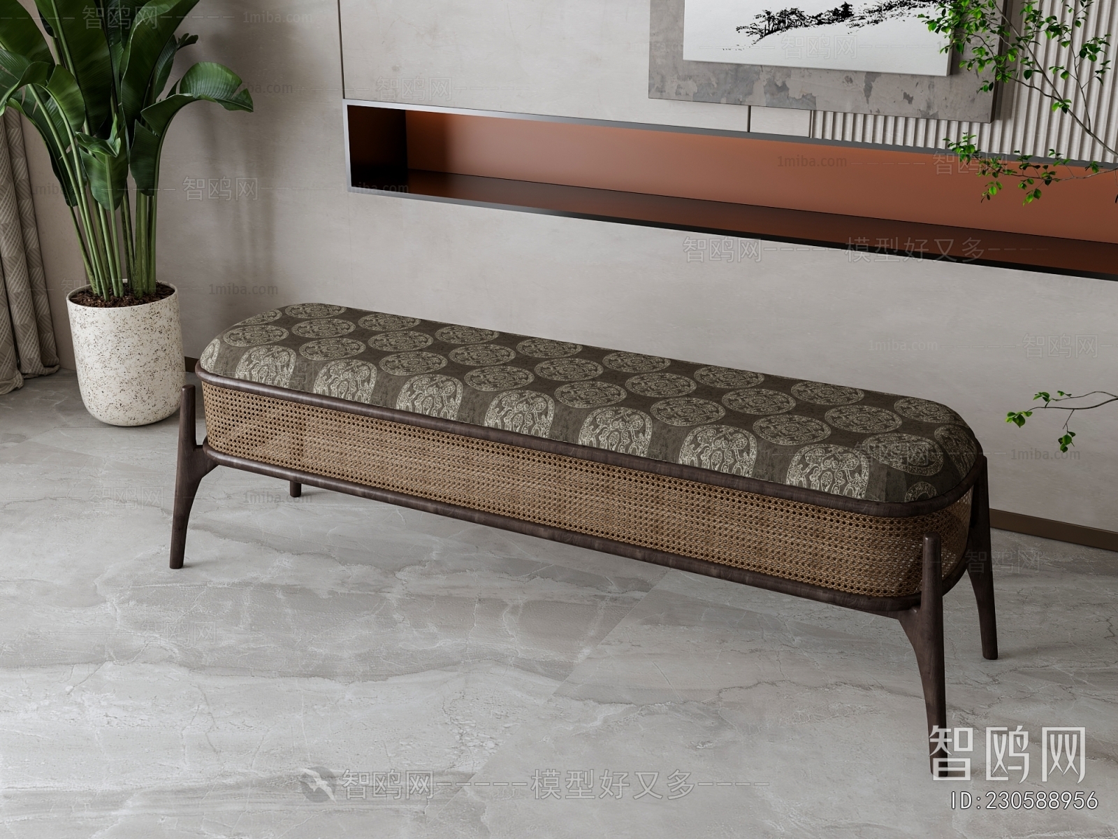 新中式藤编沙发长凳