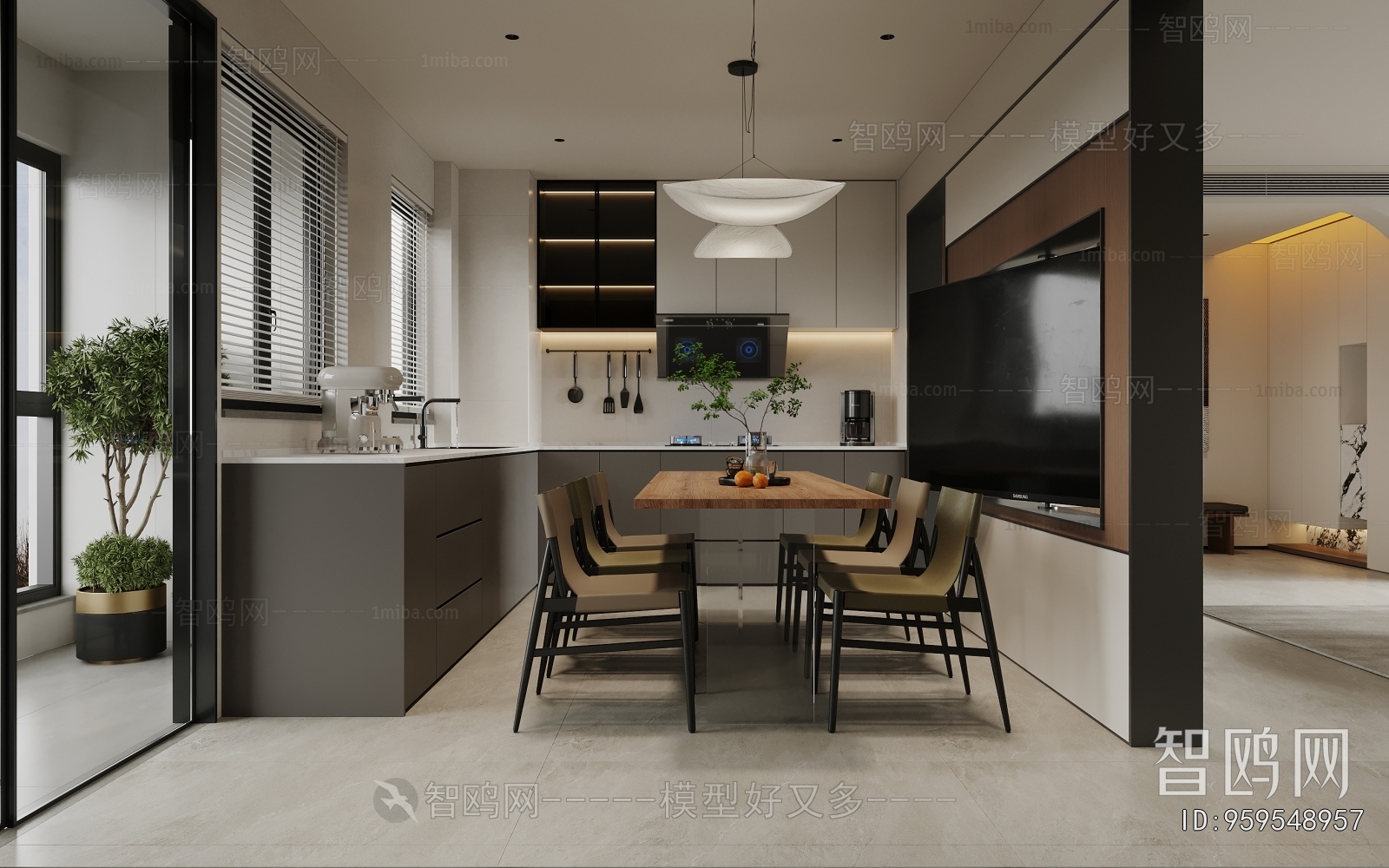 多场景-现代意式客厅+敞开式厨房餐厅+玄关3D模型下载
