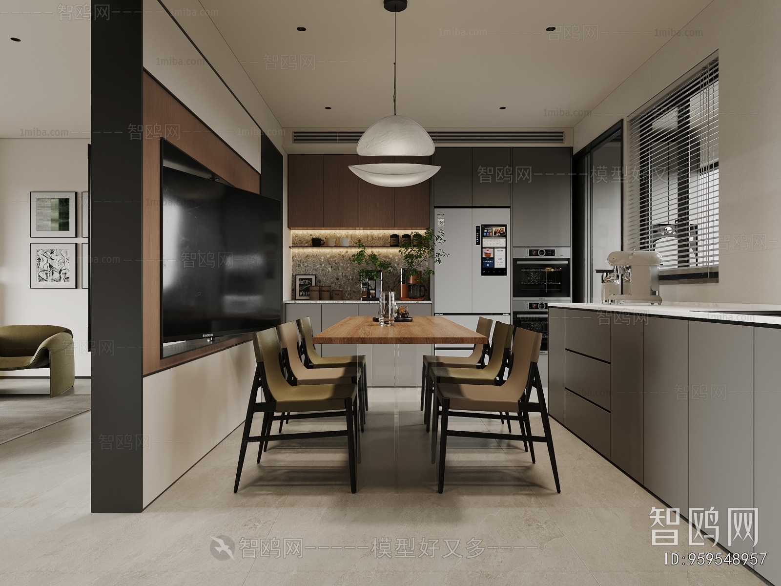 多场景-现代意式客厅+敞开式厨房餐厅+玄关3D模型下载