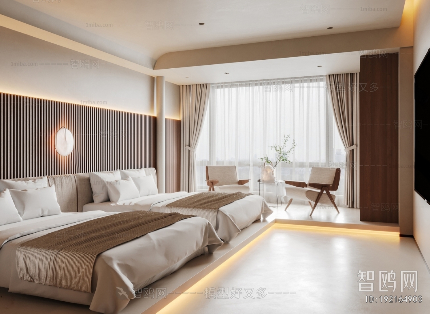 多场景-现代酒店客房双人间+卫生间3D模型下载