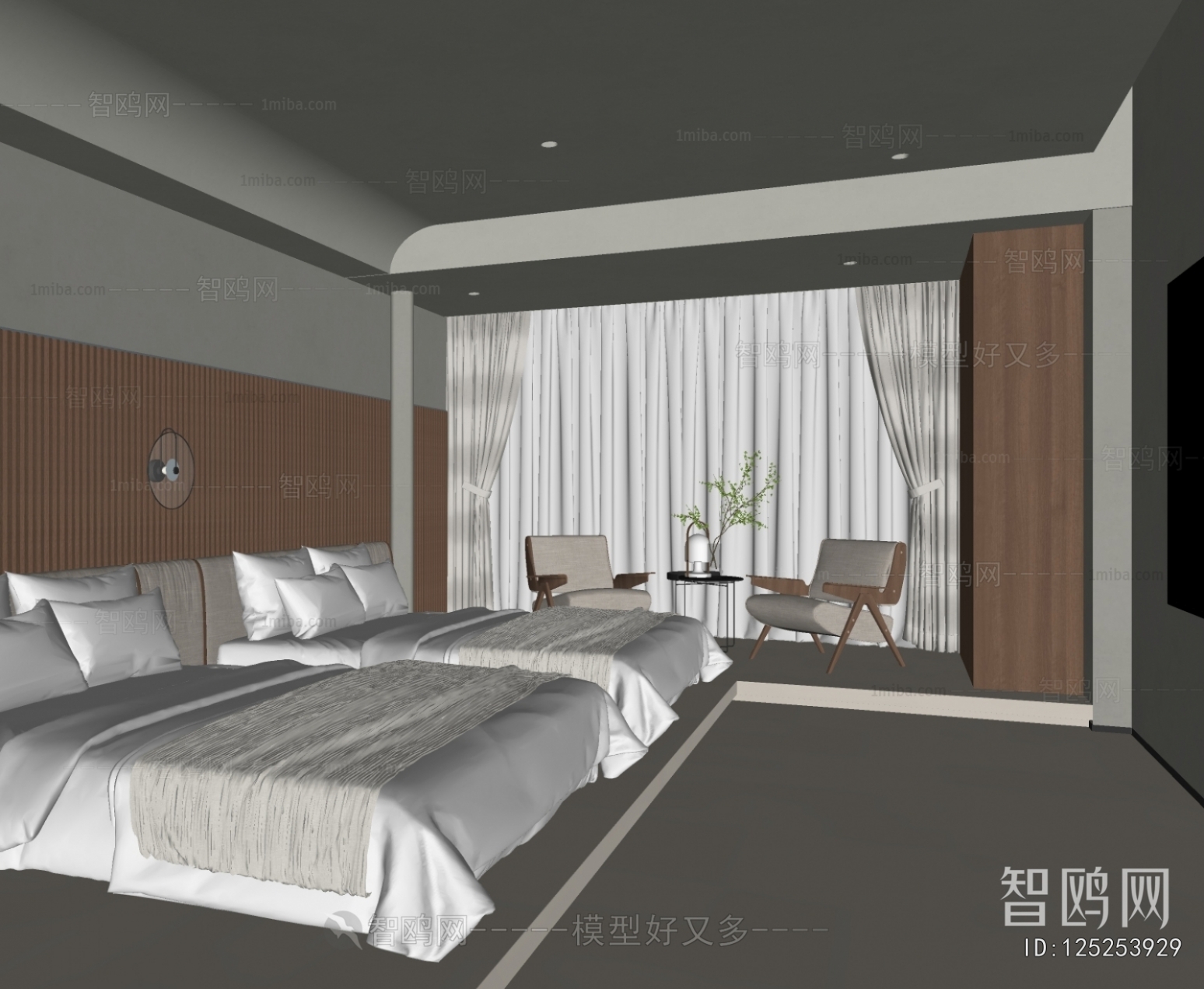 多场景-现代酒店客房双人间+卫生间3D模型下载