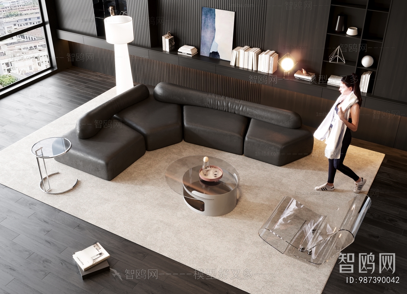 现代皮革弧形沙发茶几组合3D模型下载
