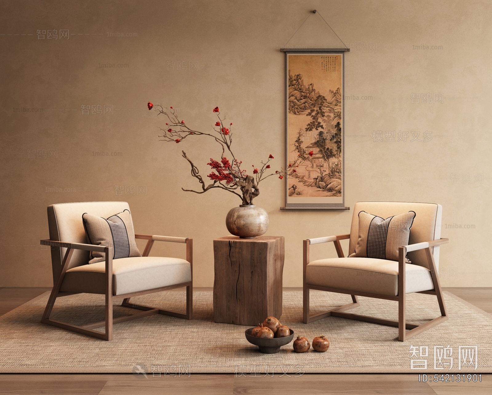 新中式休闲沙发椅 卷画