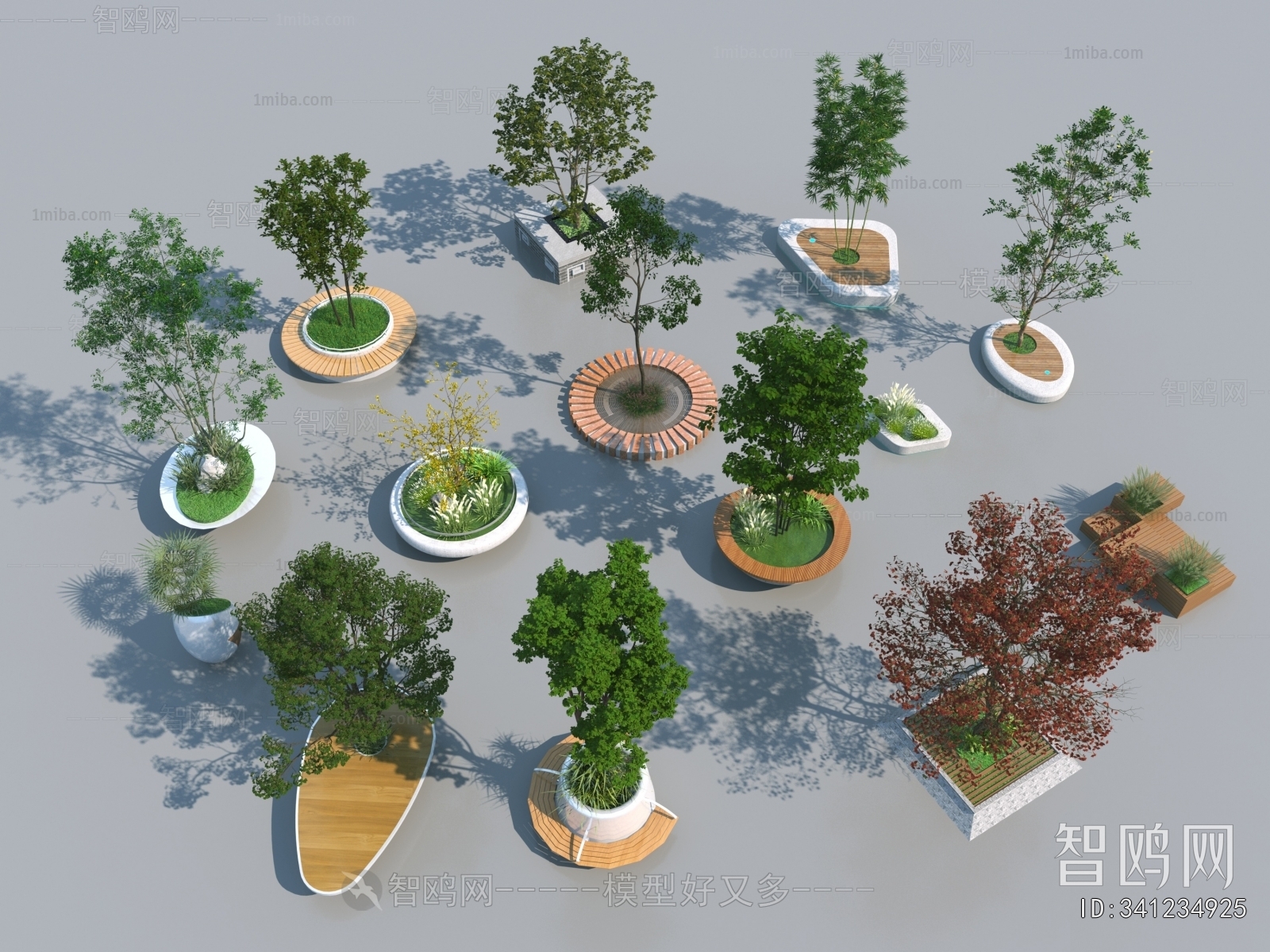 现代景观树 花池坐凳3D模型下载