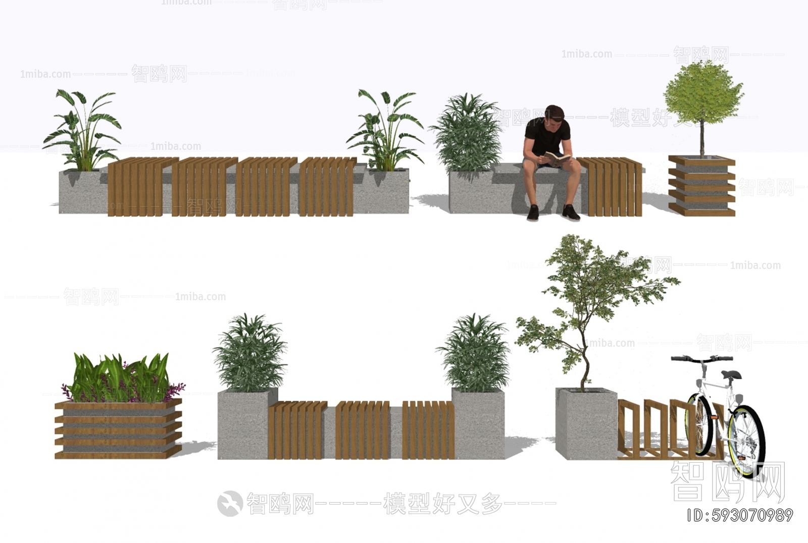 现代户外景观坐凳 花箱3D模型下载