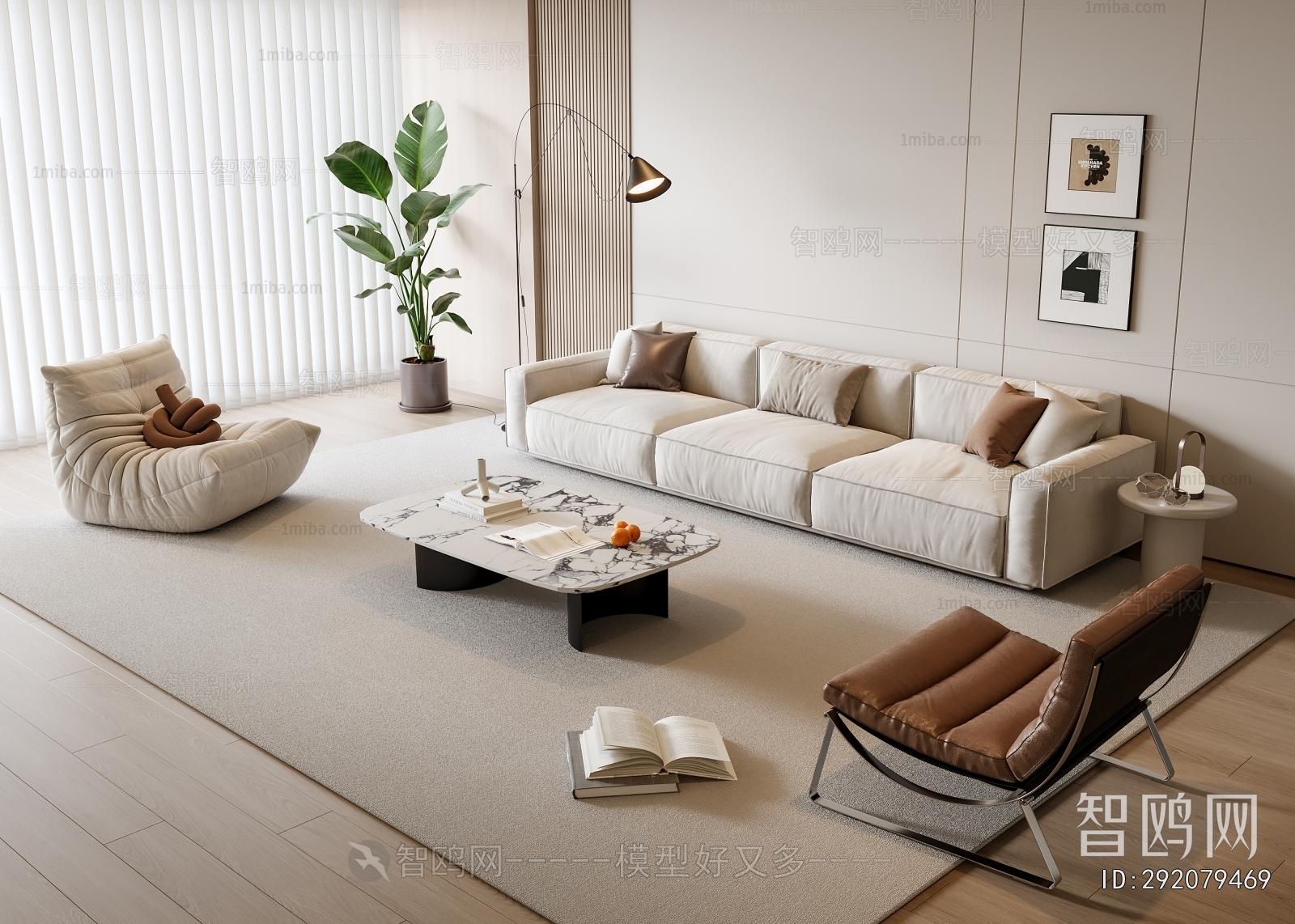 现代布艺沙发茶几组合3D模型下载