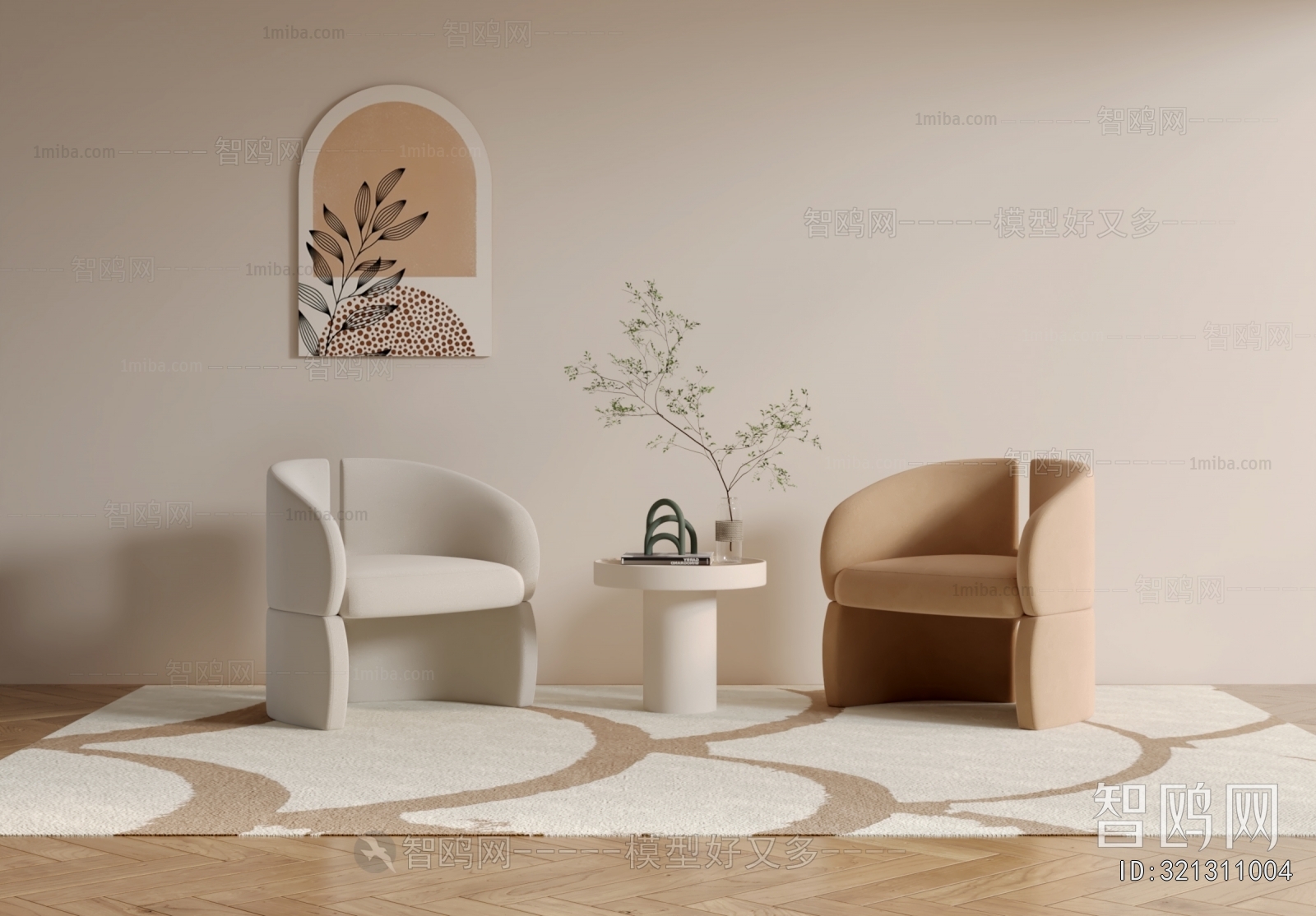 现代奶油风布艺沙发椅3D模型下载