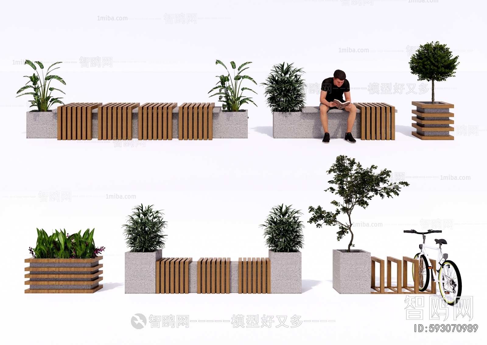 现代户外景观坐凳 花箱3D模型下载