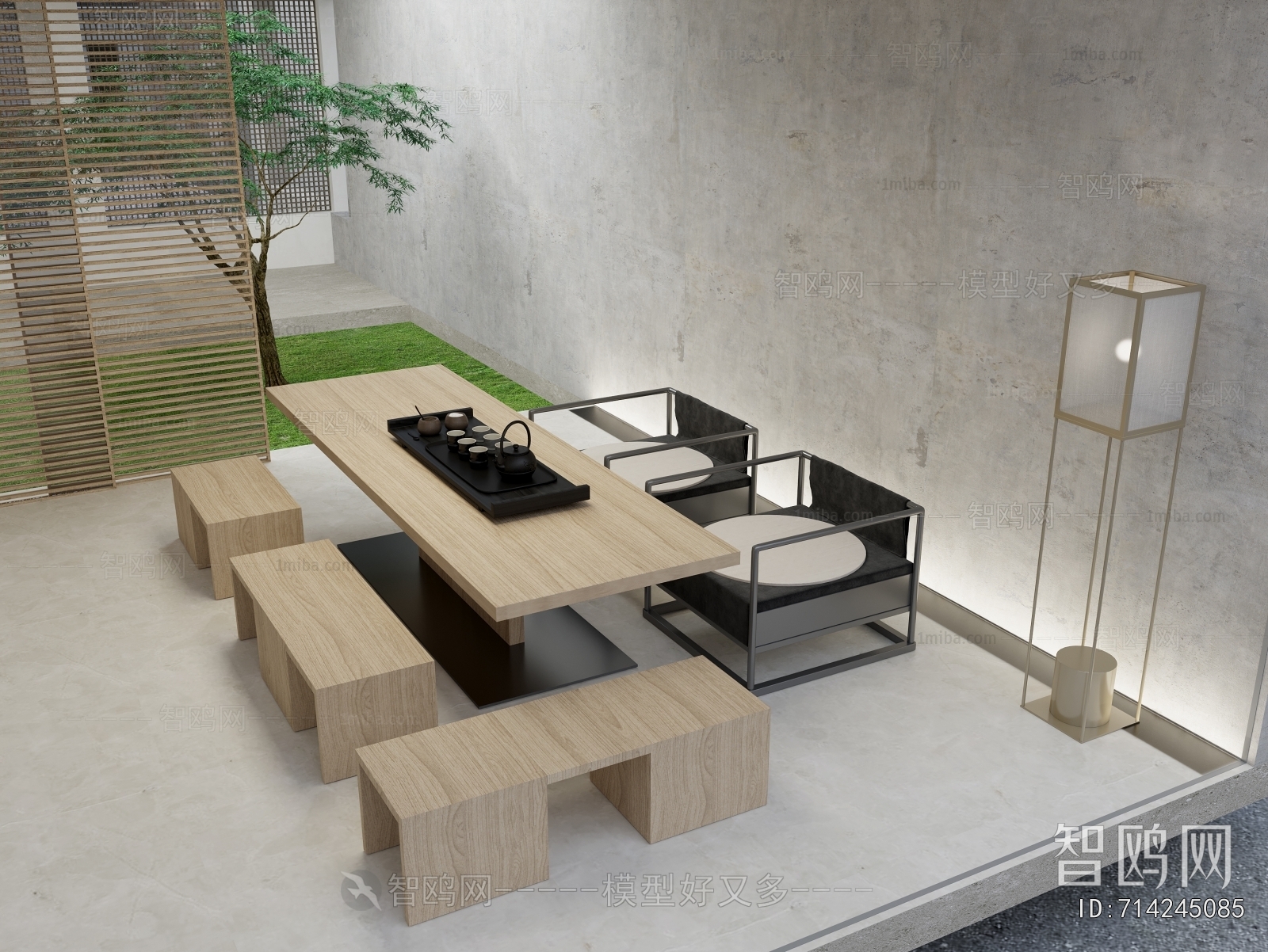 现代实木茶桌椅组合3D模型下载