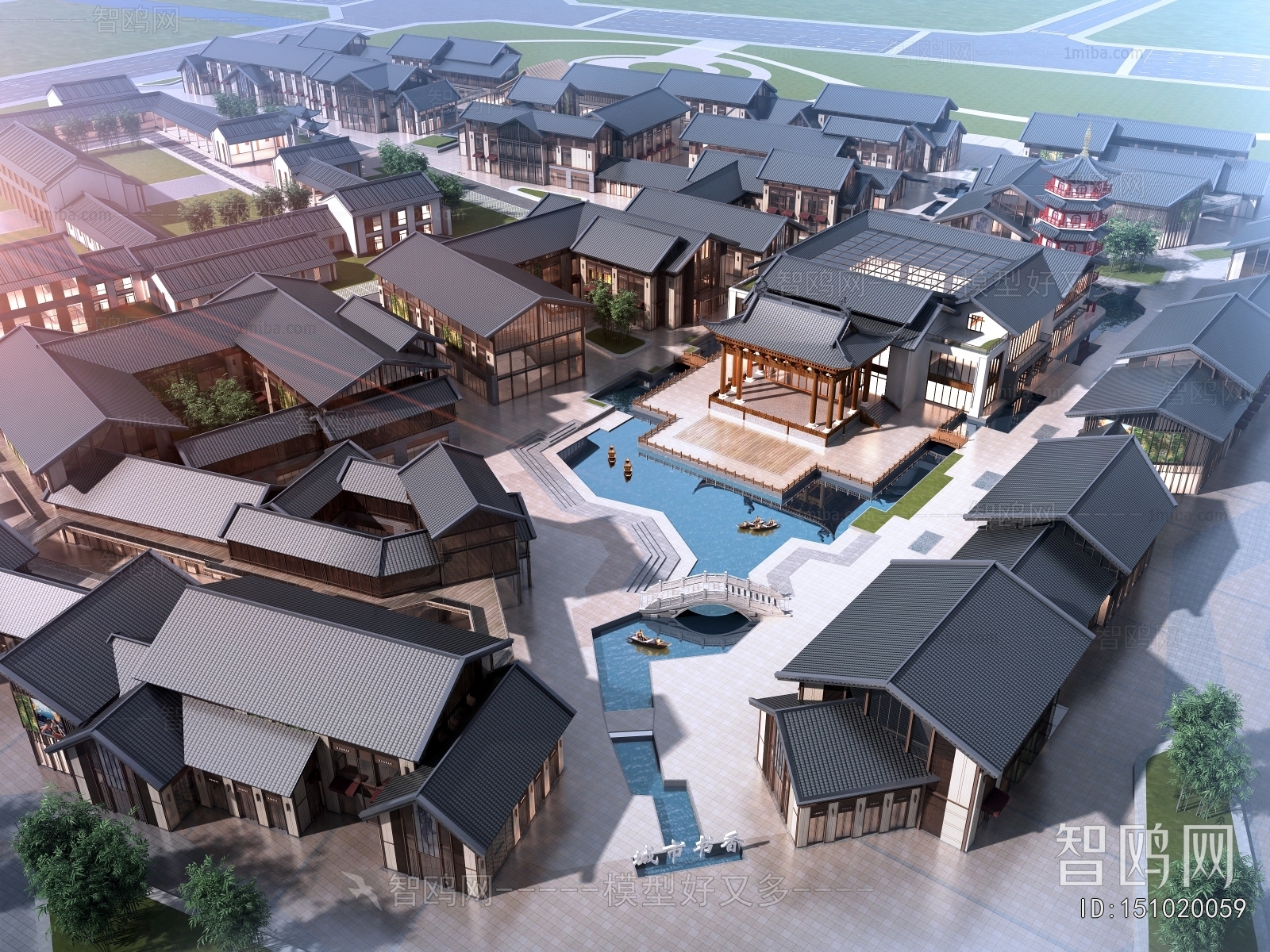 中式古建商业街鸟瞰3D模型下载
