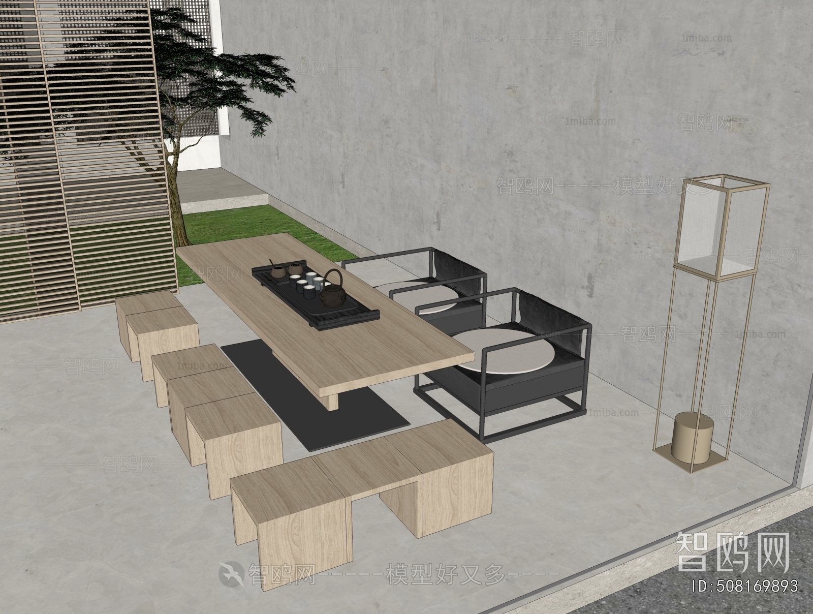 现代实木茶桌椅组合3D模型下载