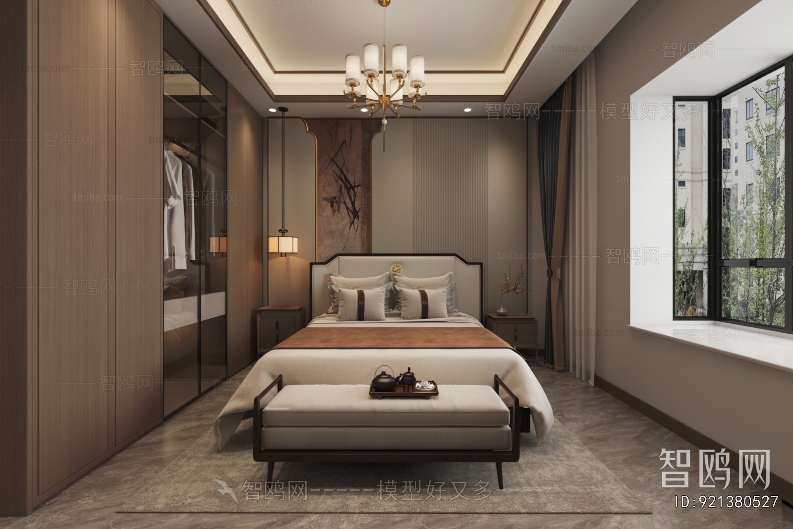 新中式卧室3D模型下载