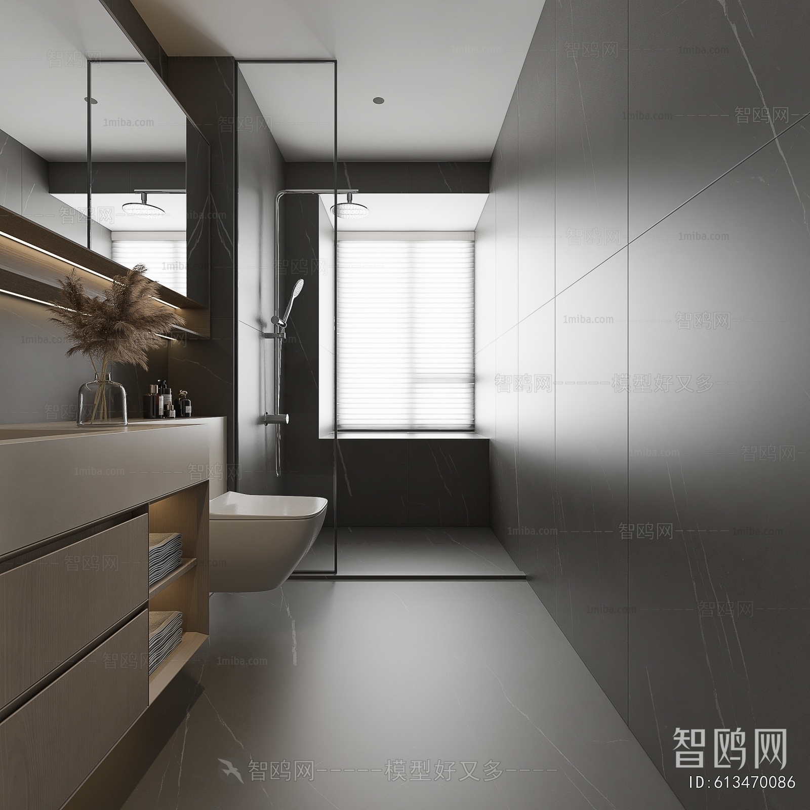现代暗黑卫生间浴室3D模型下载