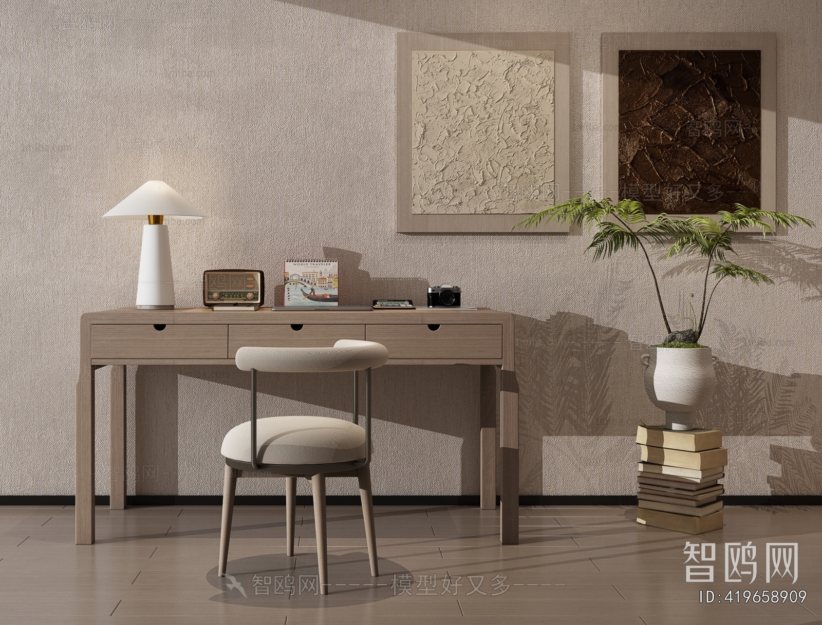 新中式书桌椅组合3D模型下载