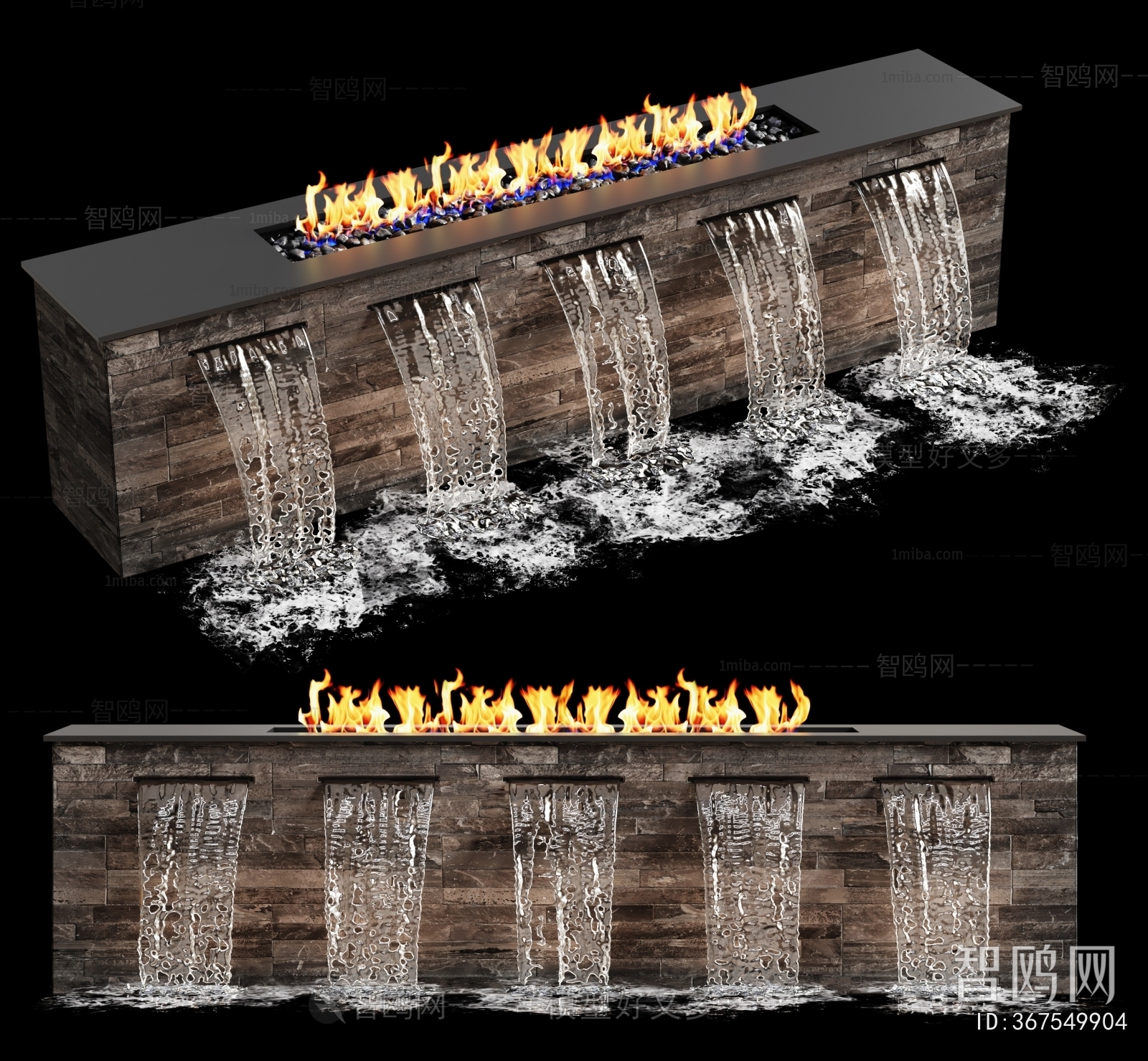 现代篝火瀑布水景小品3D模型下载