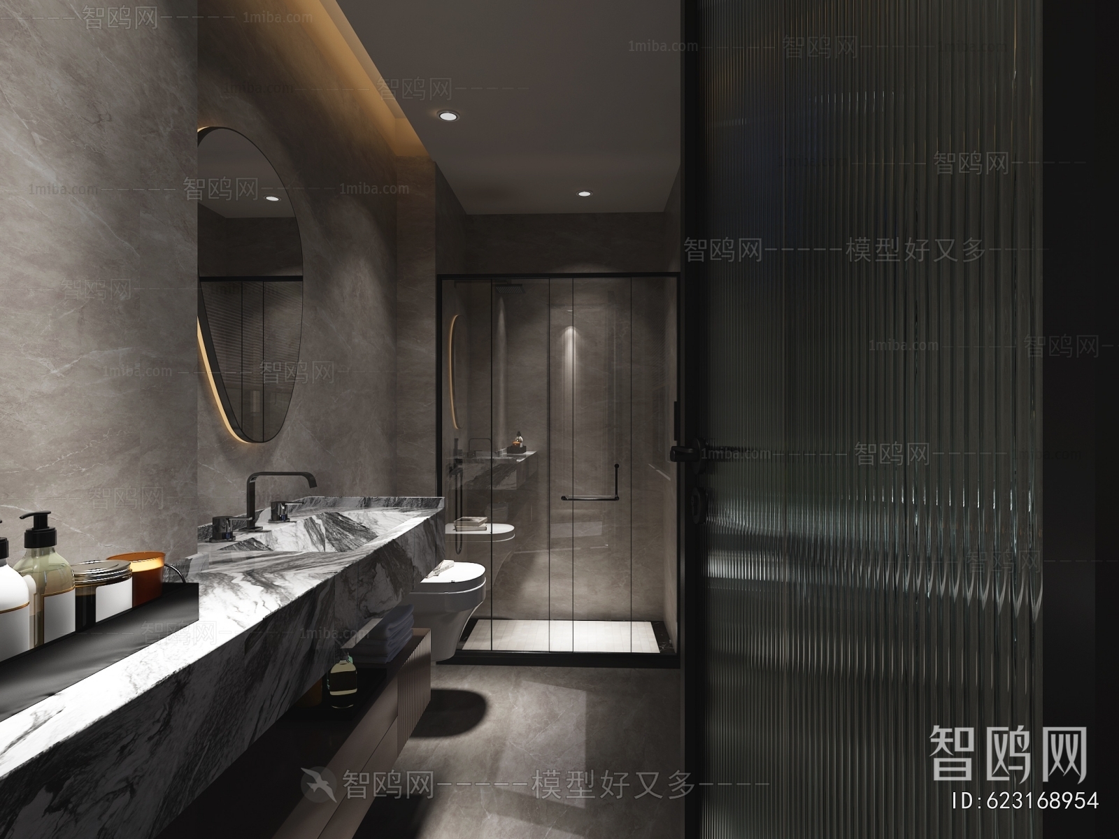 多场景-现代酒店客房单人间+卫生间3D模型下载