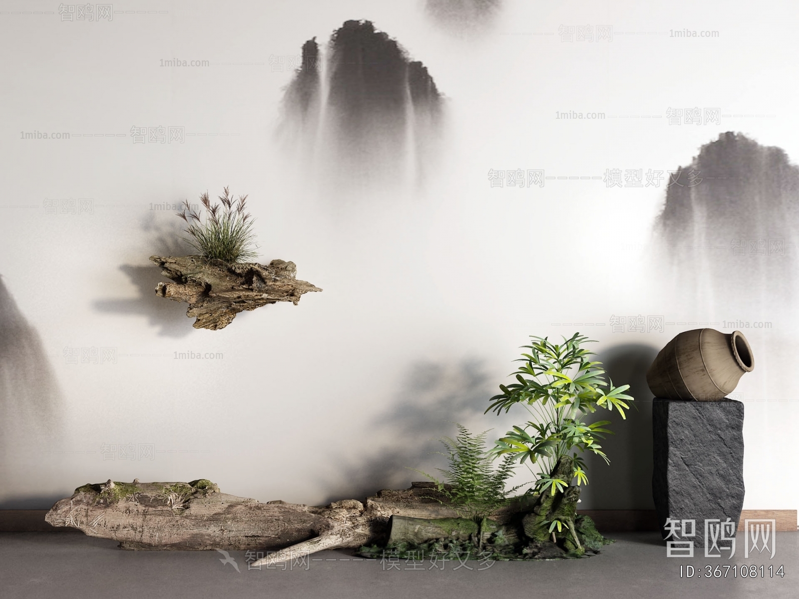 新中式树桩枯枝 景观小品3D模型下载