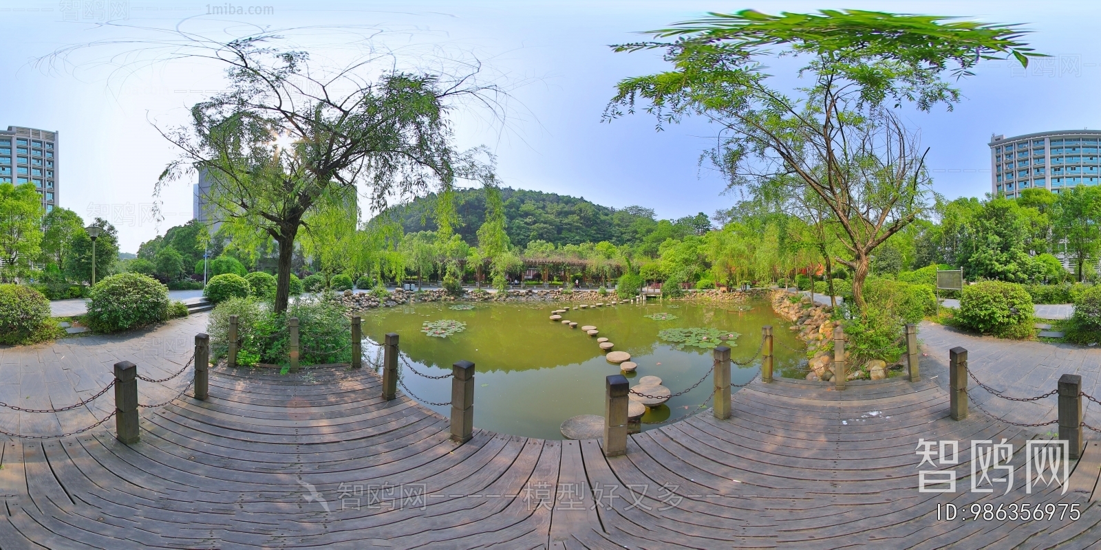 HDR绿茵树林休闲河畔全景