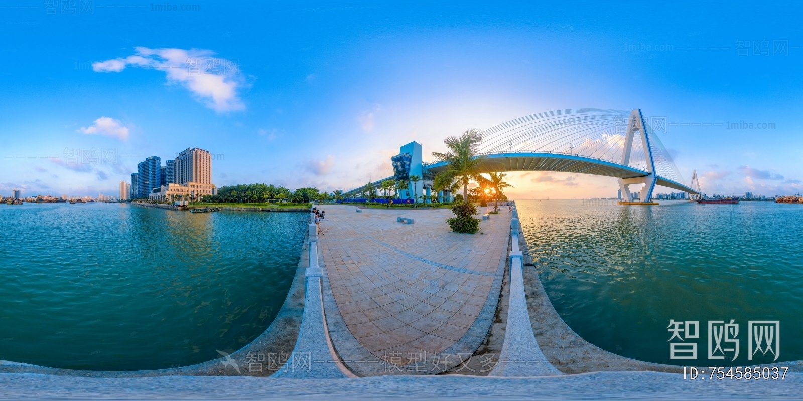 白天城市广场河道全景HDR