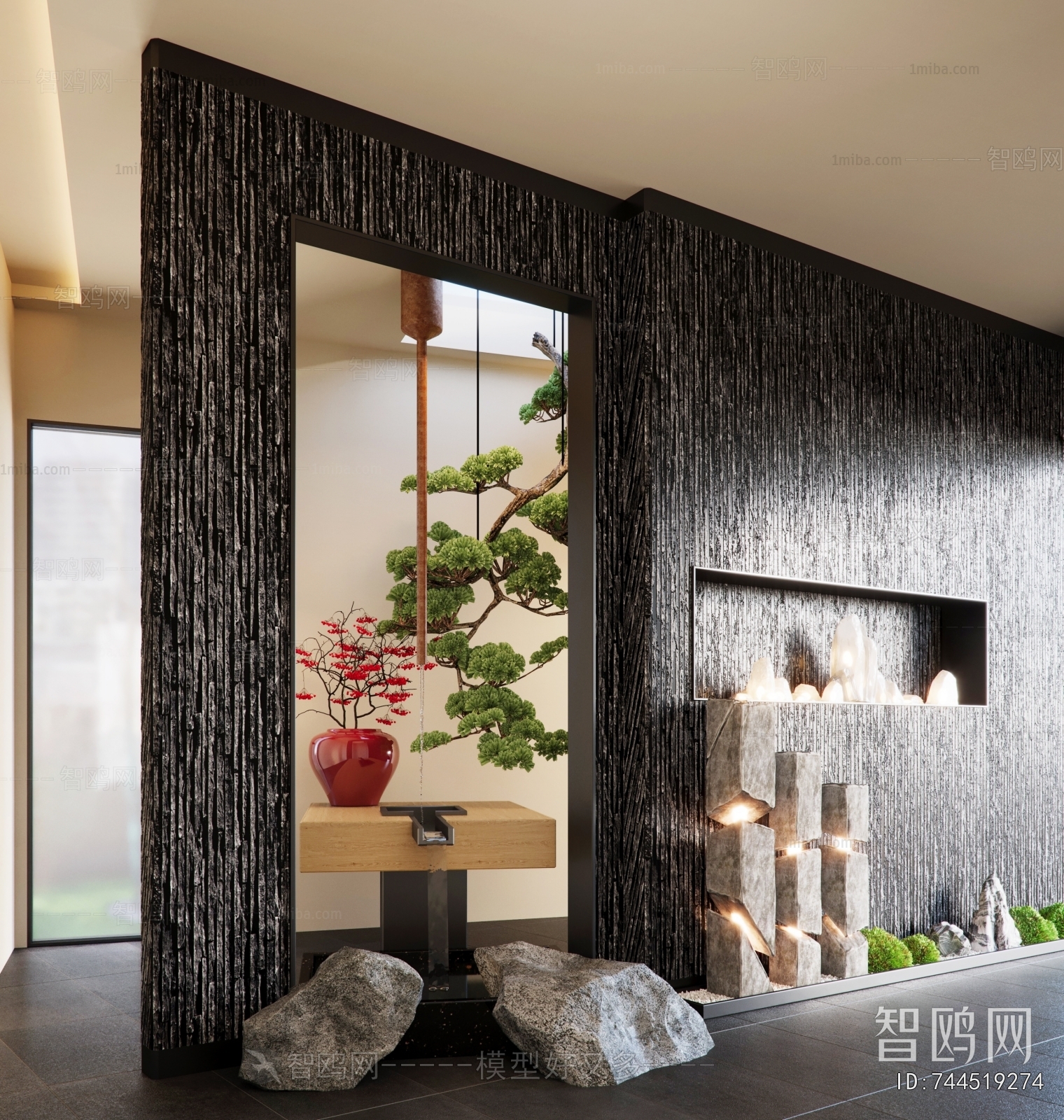 新中式茶室室内景墙叠水