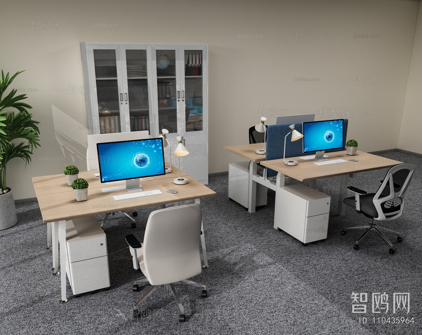 现代员工办公桌椅组合3D模型下载