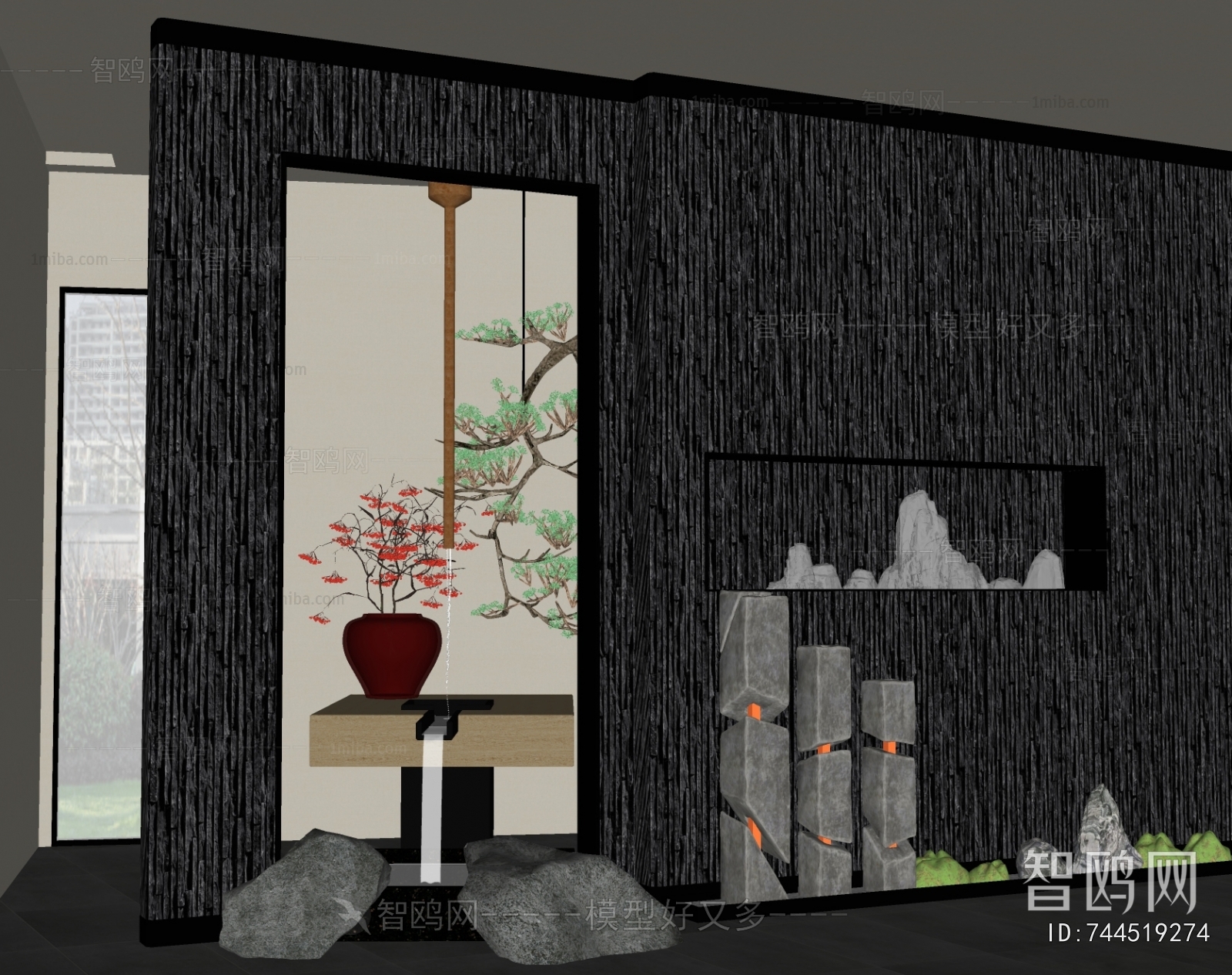 新中式茶室室内景墙叠水