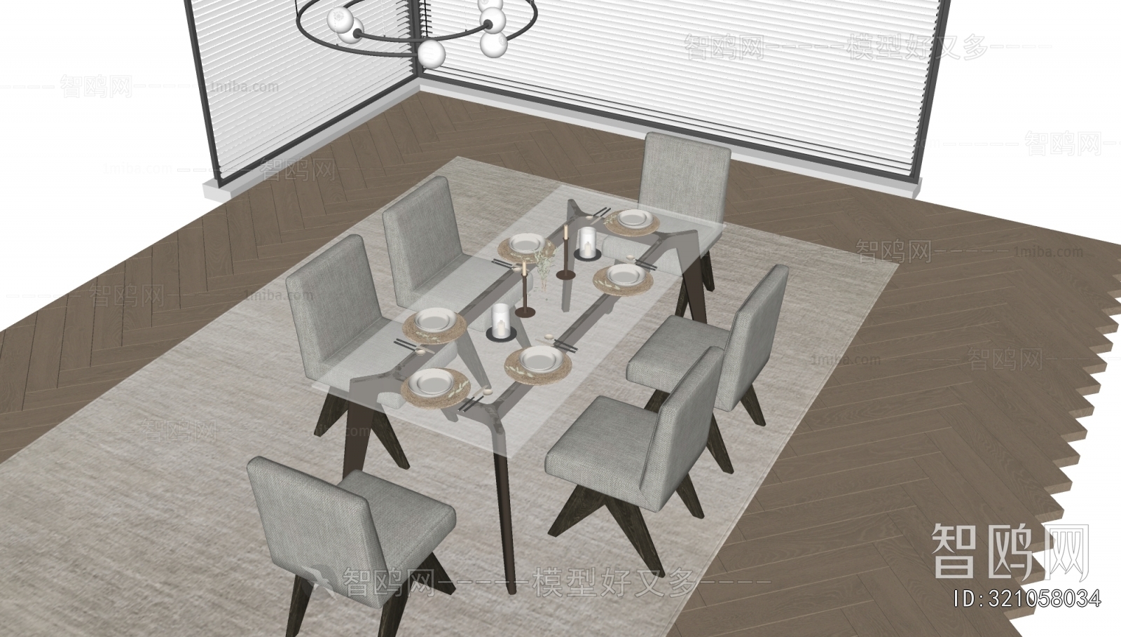 现代玻璃餐桌椅组合3D模型下载