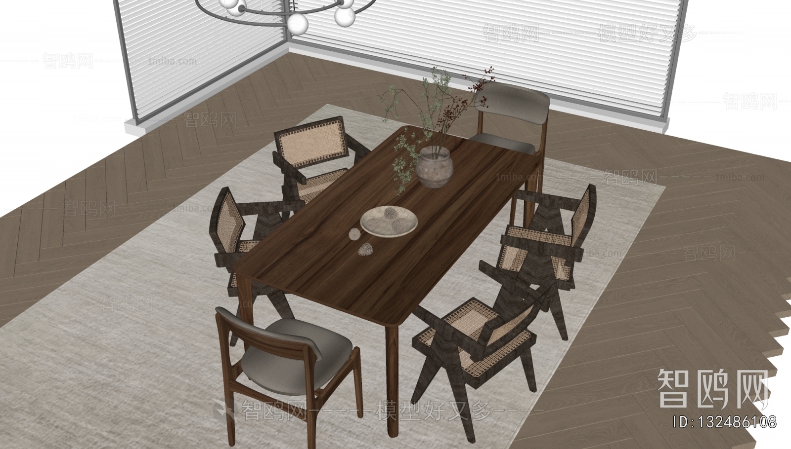 侘寂风餐桌藤编椅3D模型下载