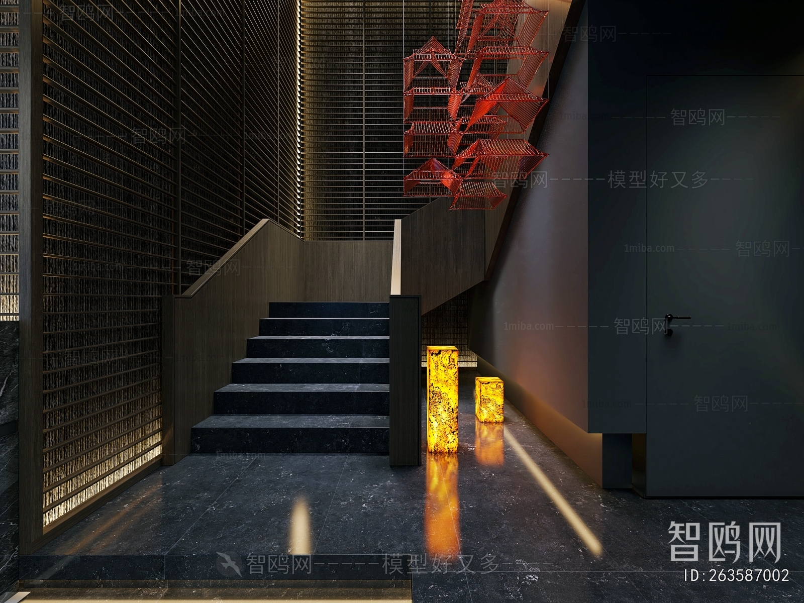 新中式会所楼梯间3D模型下载