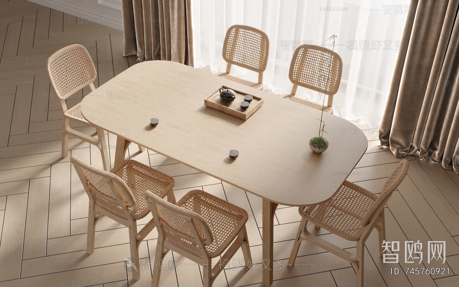 现代餐桌藤编椅组合3D模型下载