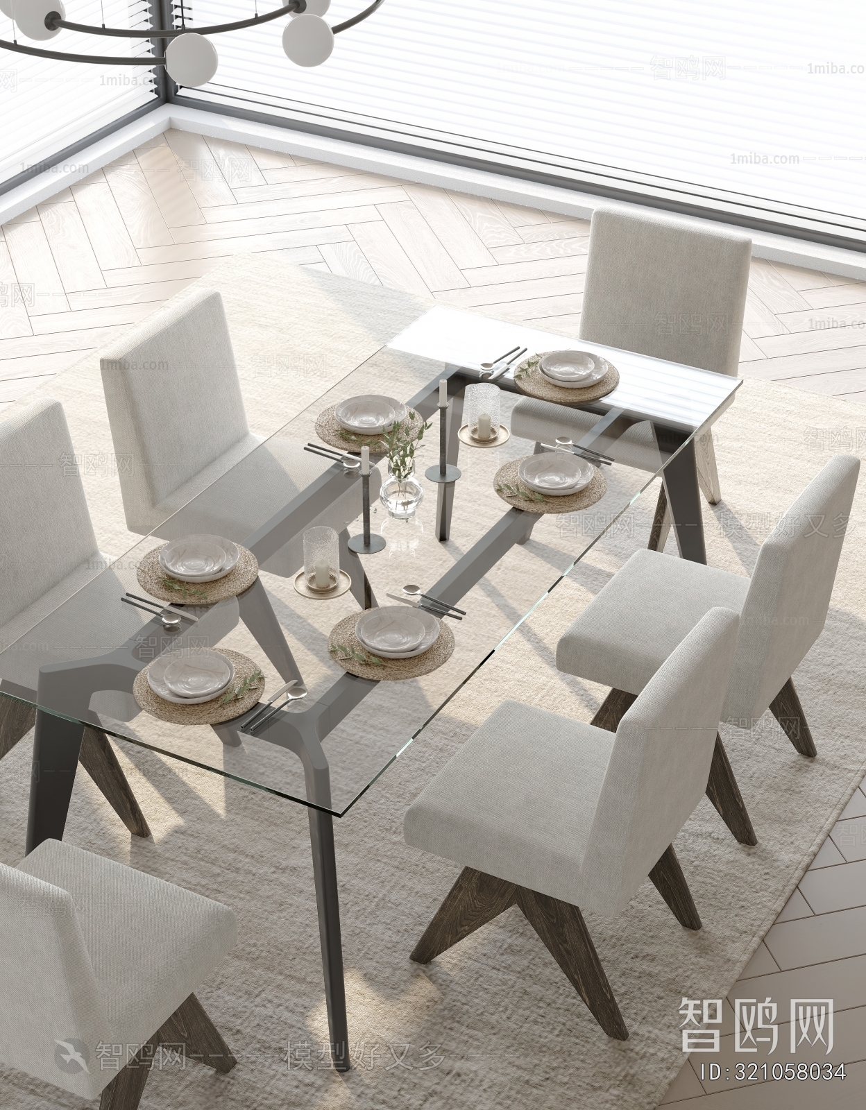 现代玻璃餐桌椅组合3D模型下载