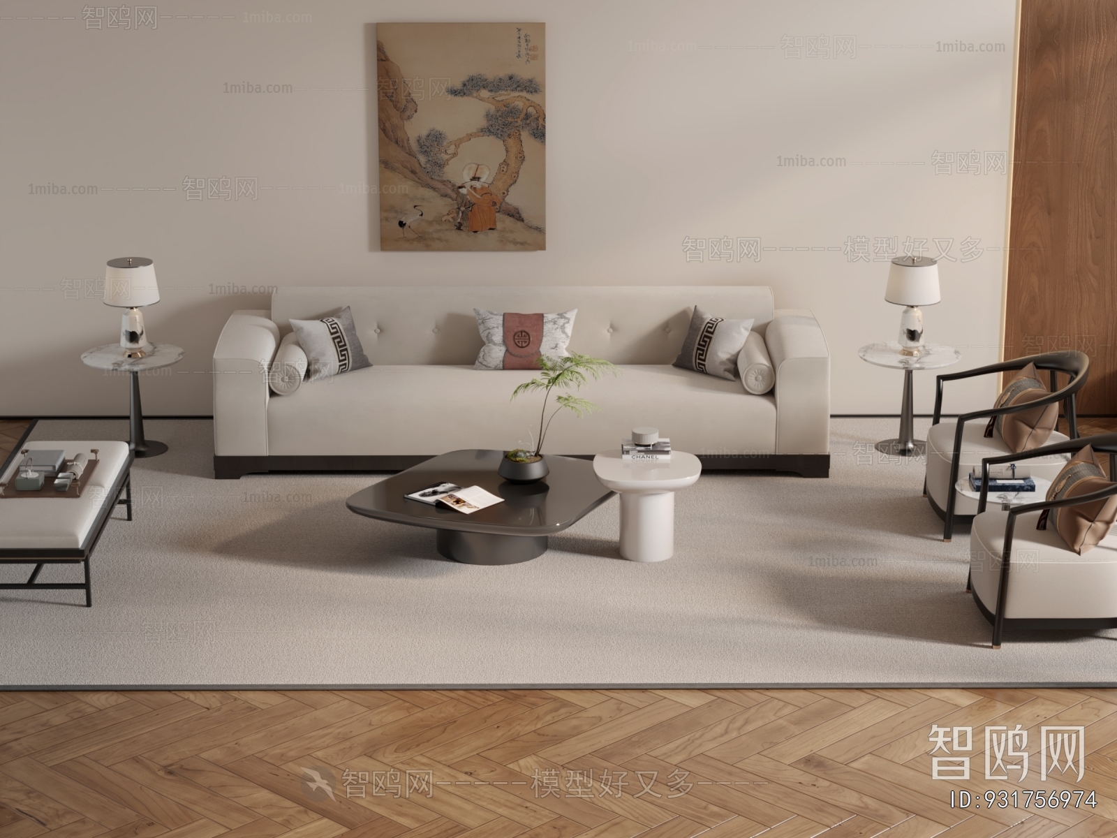 新中式布艺沙发茶几组合3D模型下载