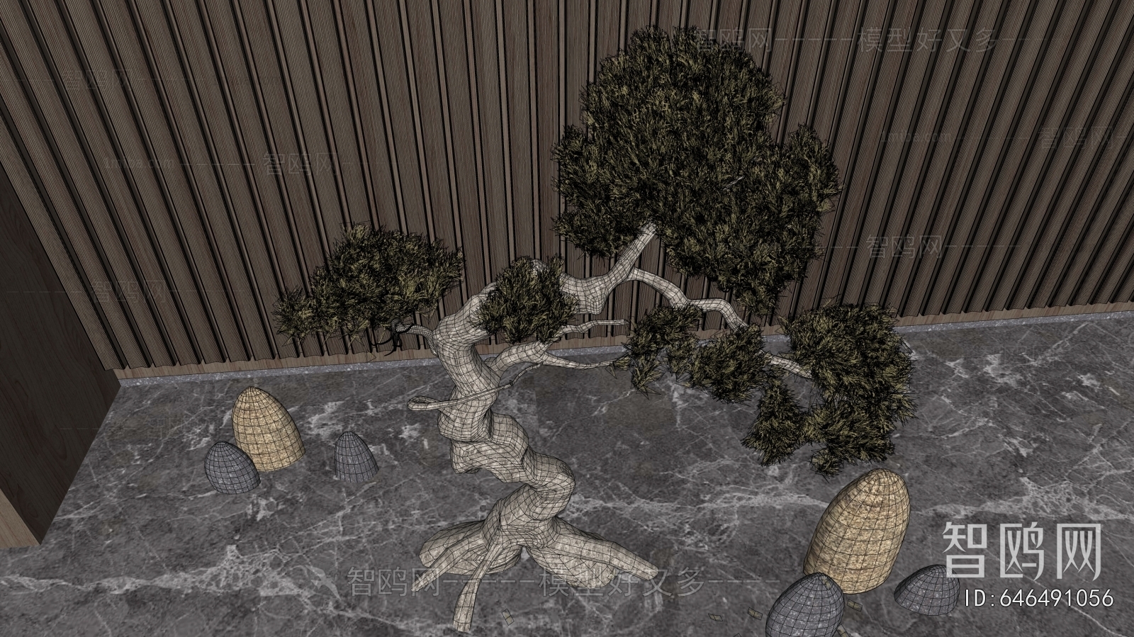 中式仿真松树假山石头摆件3D模型下载