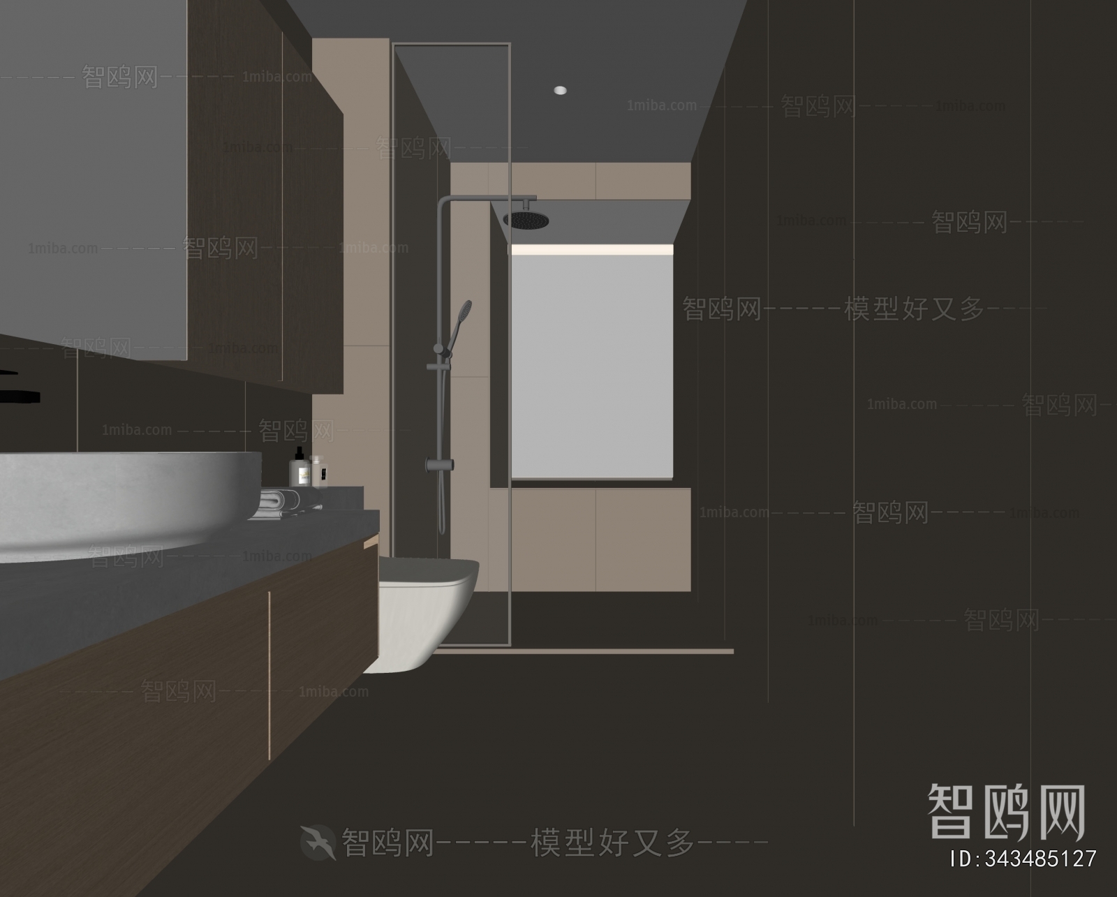 现代奶油风卫生间 浴室3D模型下载